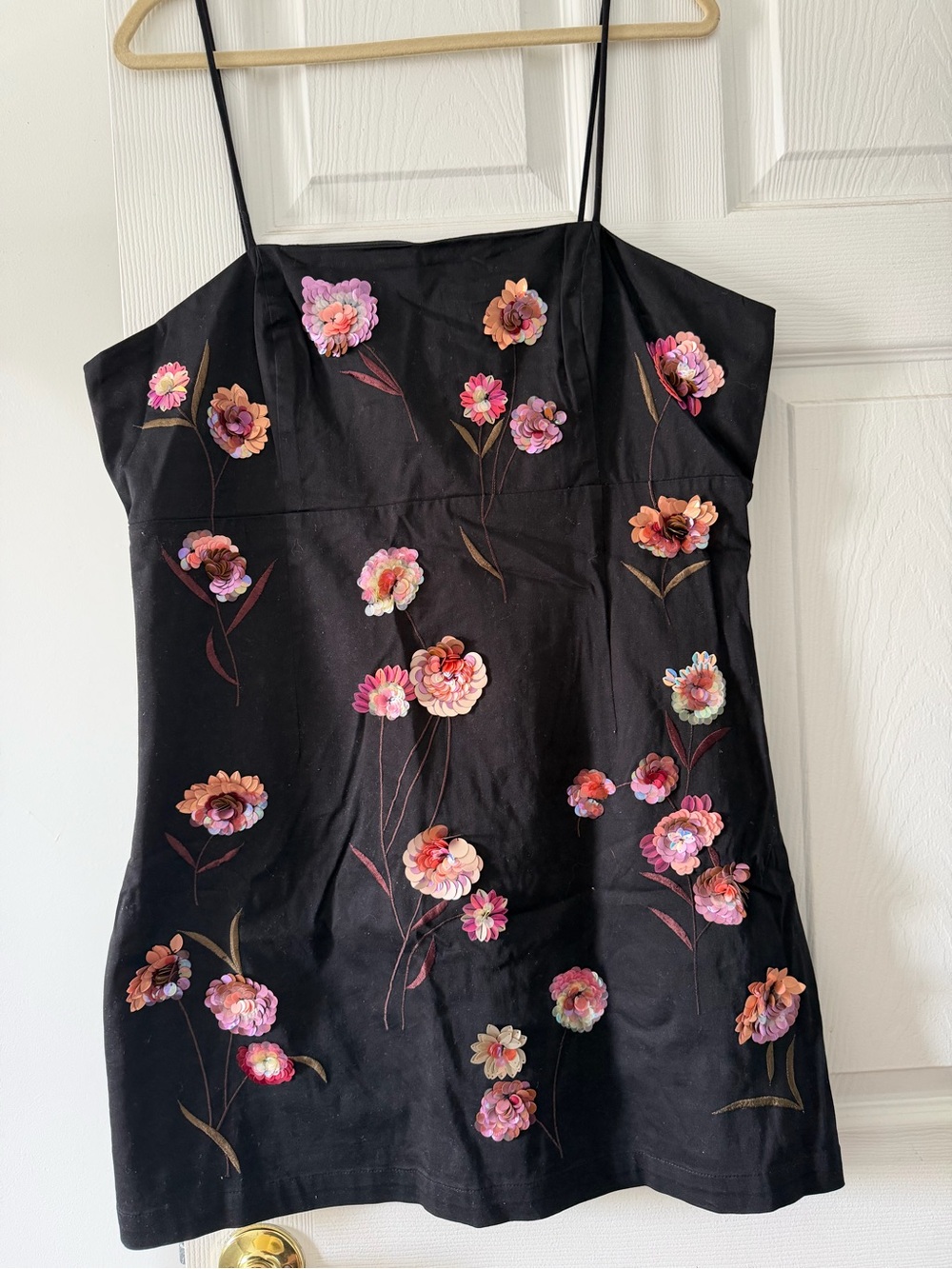 Black Floral Spaghetti-Strap Dress with Pink & Peach Sequin Flowers